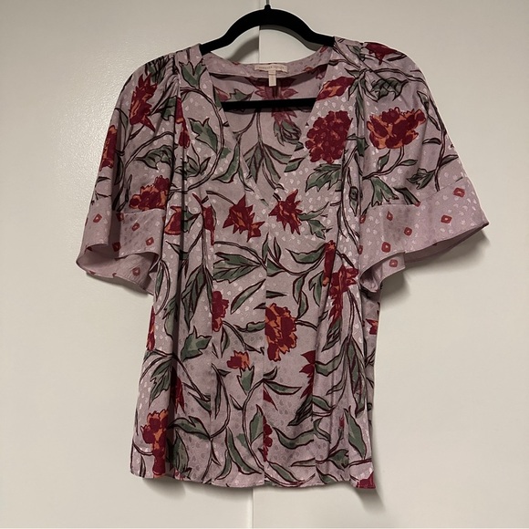 Rebecca Taylor Pink Floral Print Silk Blend V-neck Short Sleeves Blouse Size 4 - Picture 1 of 7